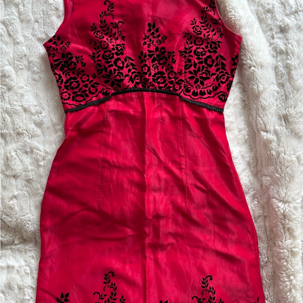 Vintage Silky Red and Black Floral Dress. Made in USA.